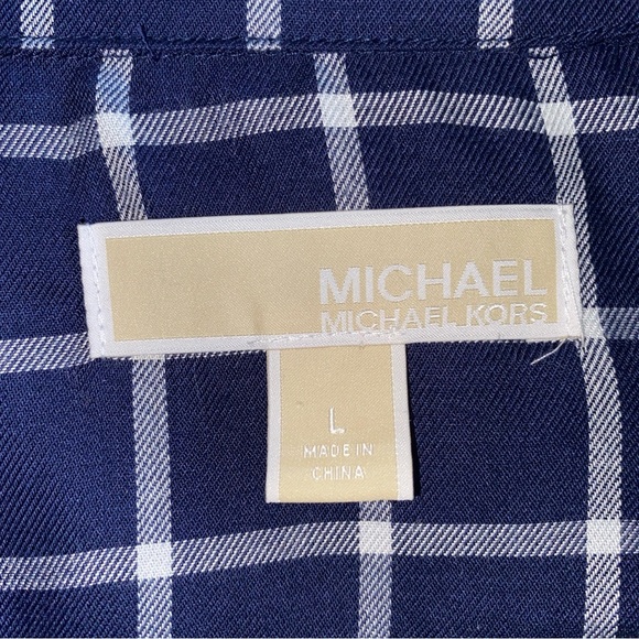 MICHAEL  Michael Kors Plaid Blouse Women’s Large Navy White‎ Plaid Gold Buttons - Picture 14 of 16